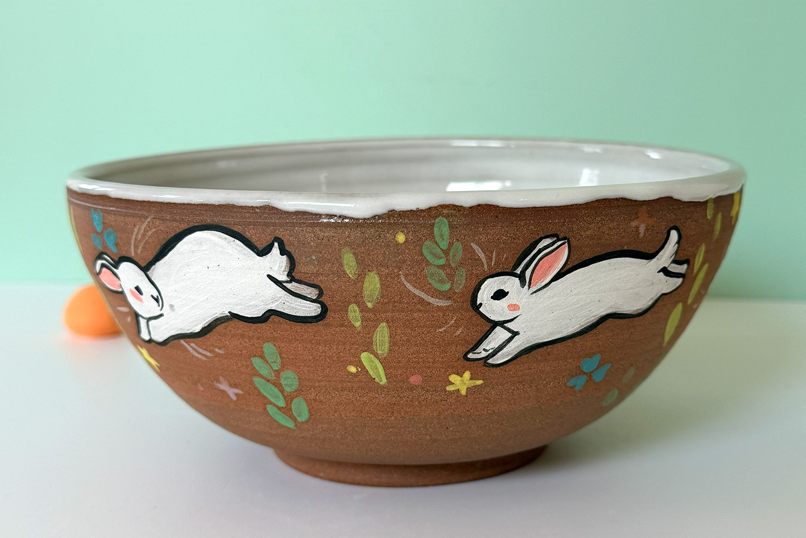 Alternative view of Bowl - Red Stoneware - White Bunnies