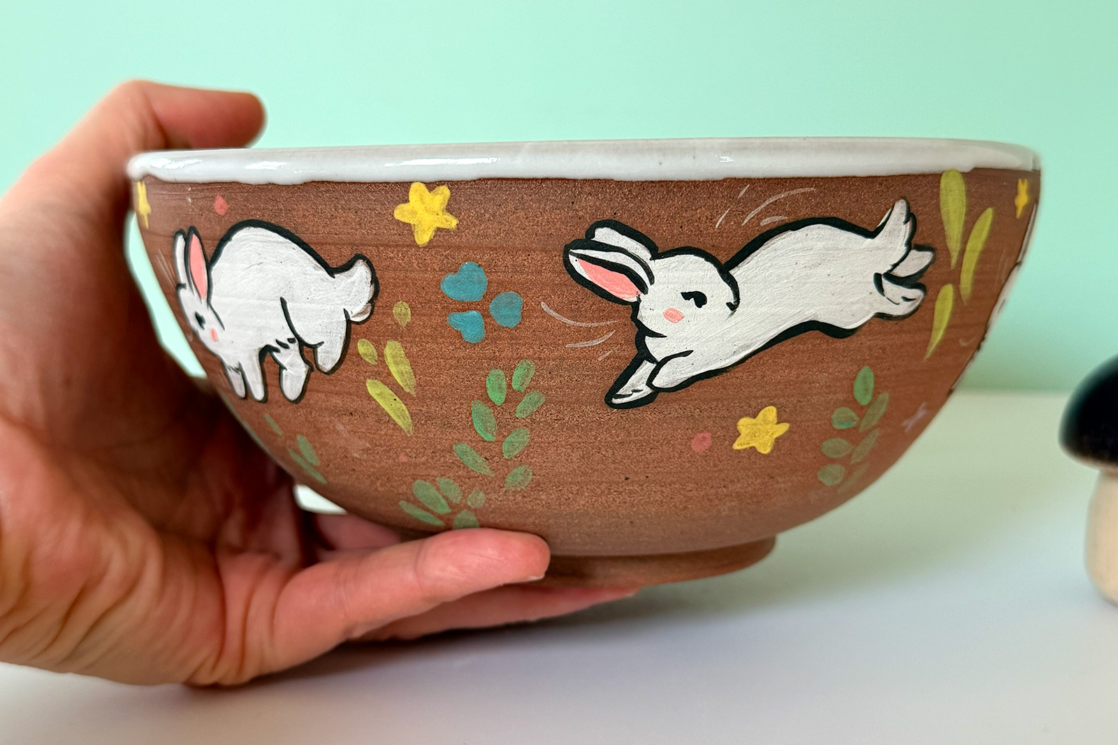 Bowl - Red Stoneware - White Bunnies