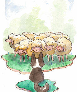 cardigan corgi herding sheep watercolor painting