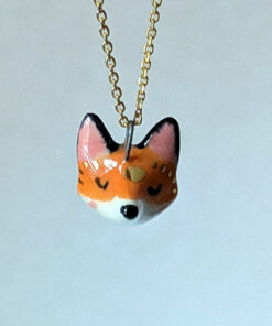 cute fox portrait pendant with gold, handmade by kness