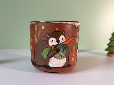 cutest beaver cup with mama and baby and vegetables