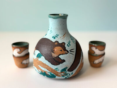sake set martens and mustelid, adorable and handmade ceramic set for sake whisky
