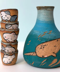 ceramic sake set illustrated with a narwhal, cute one of a kind and handmade