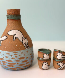one o fa kind collectible handmade ceramic sake set painted with white foxes