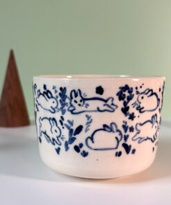 adorable bunny cup in royal blue on white porcelain