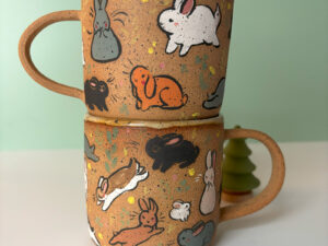 speckled mug with too many bunnies