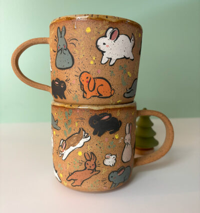 speckled mug with too many bunnies