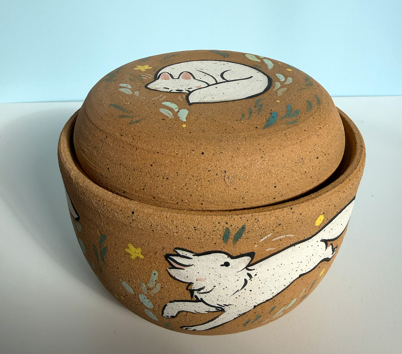 Lidded Jar - White Foxes