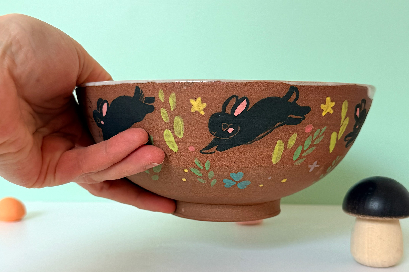 Bowl - Red Stoneware - Black Bunnies