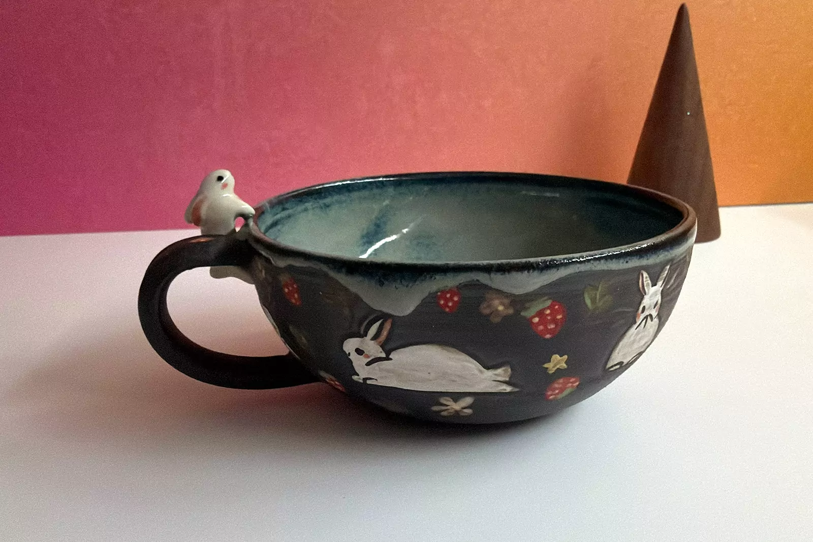 Ceramic Tea Cup - Sculpted Bunny - Strawberries
