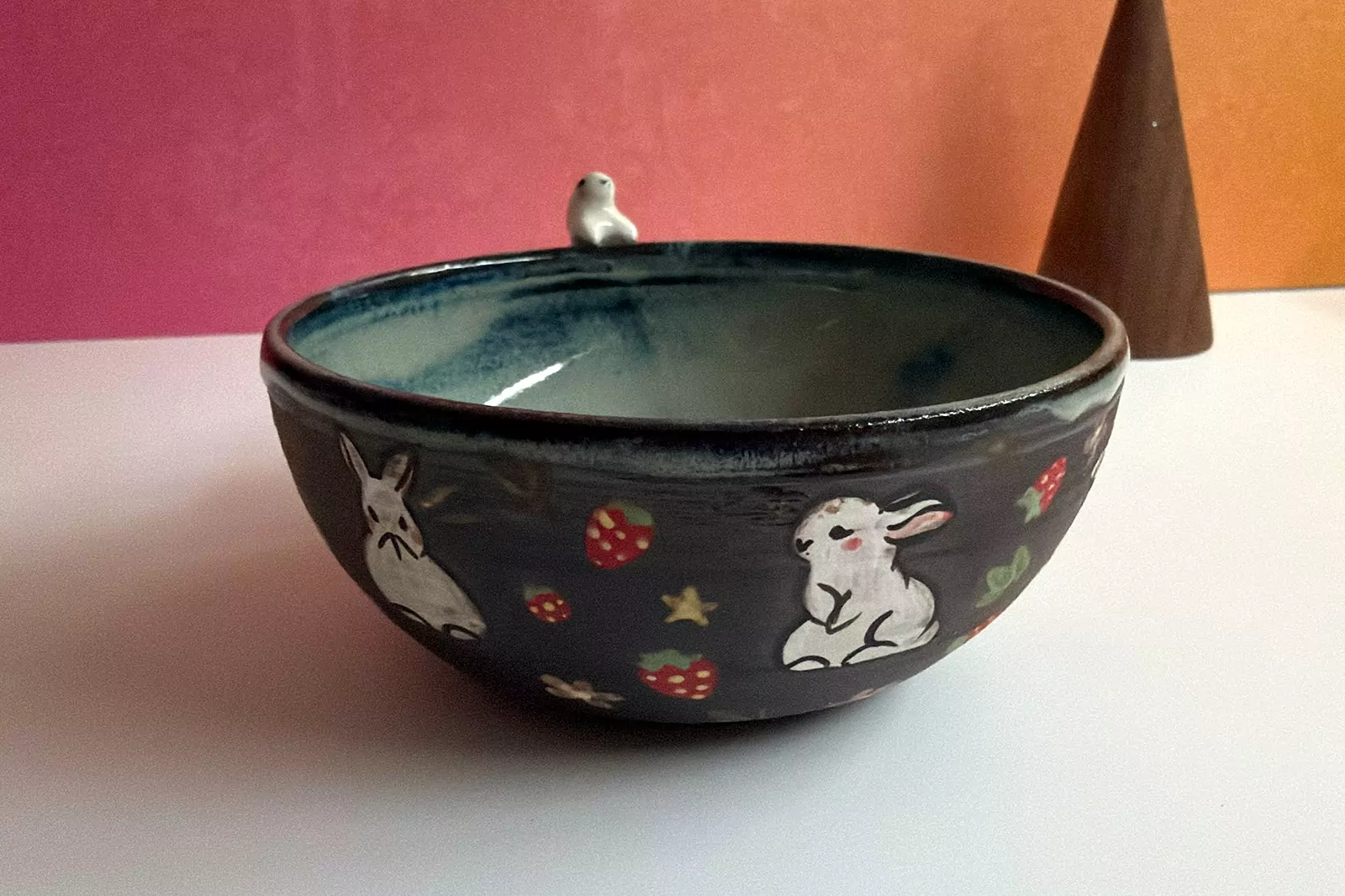 Ceramic Tea Cup - Sculpted Bunny - Strawberries - Image 2