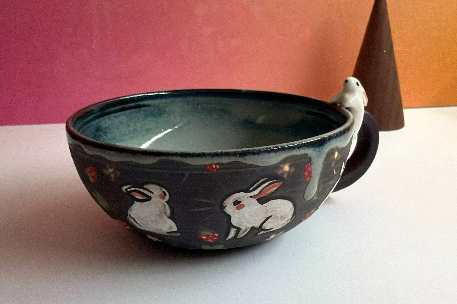 Ceramic Tea Cup - Sculpted Bunny - Strawberries - Image 5