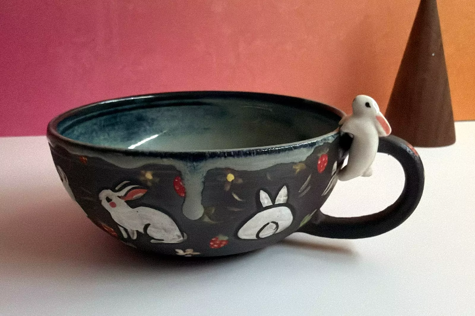 Ceramic Tea Cup - Sculpted Bunny - Strawberries - Image 4