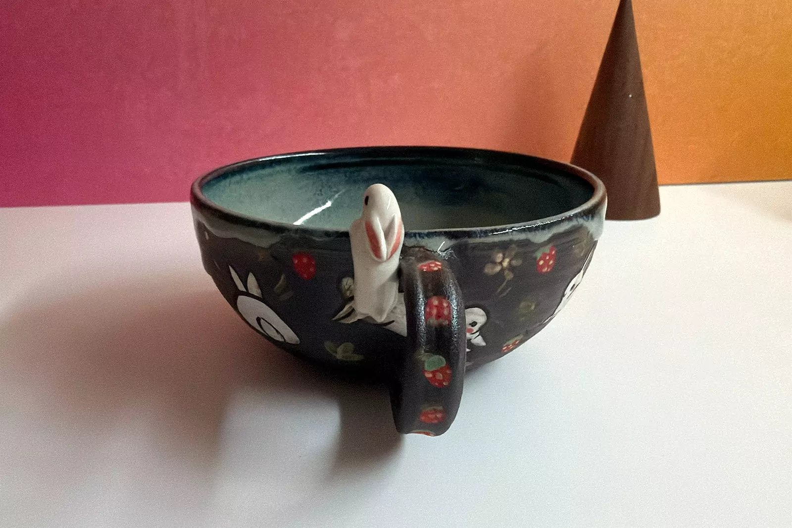 Ceramic Tea Cup - Sculpted Bunny - Strawberries - Image 3